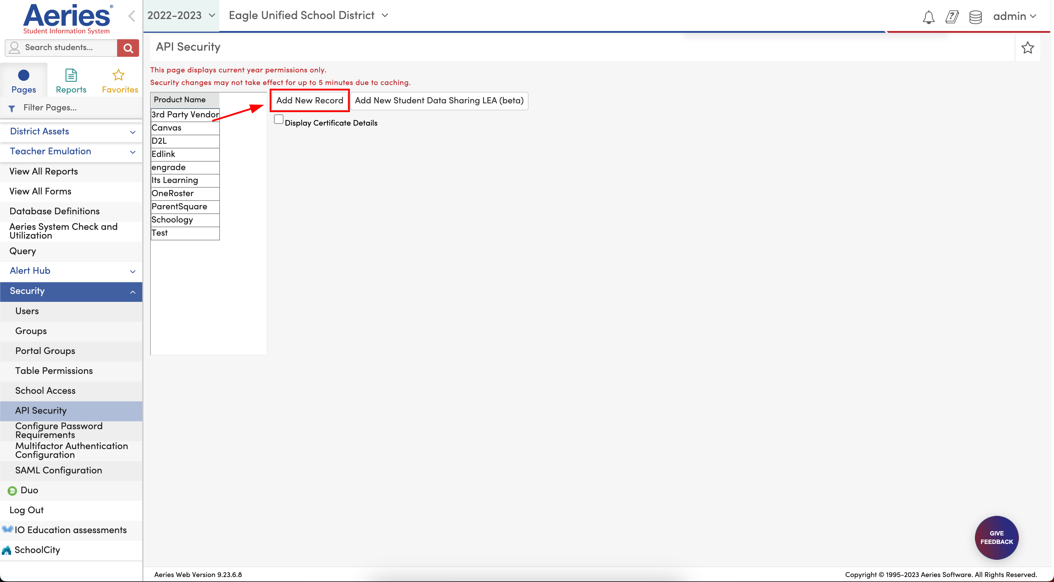 Add New Record button on Aeries