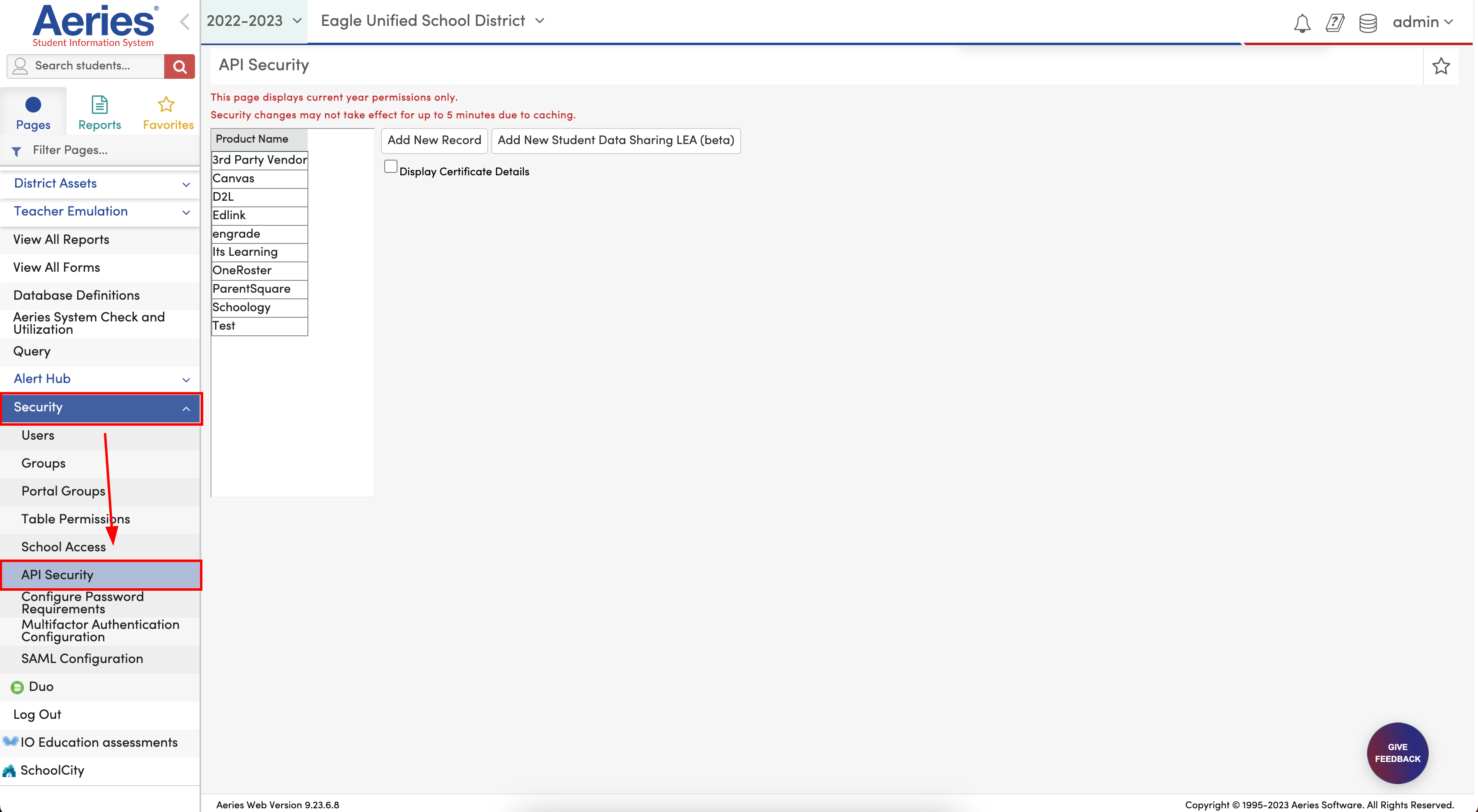 Aeries API Security Page