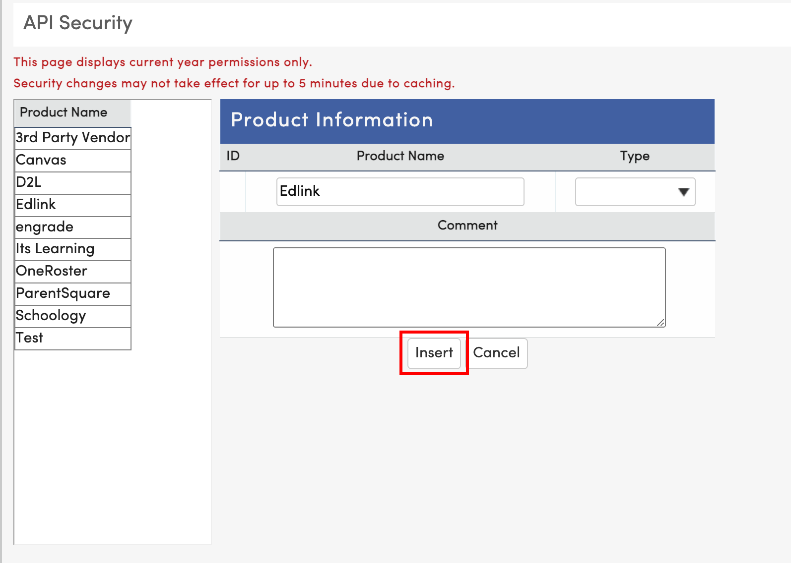 Insert button highlighted on Information page in Aeries