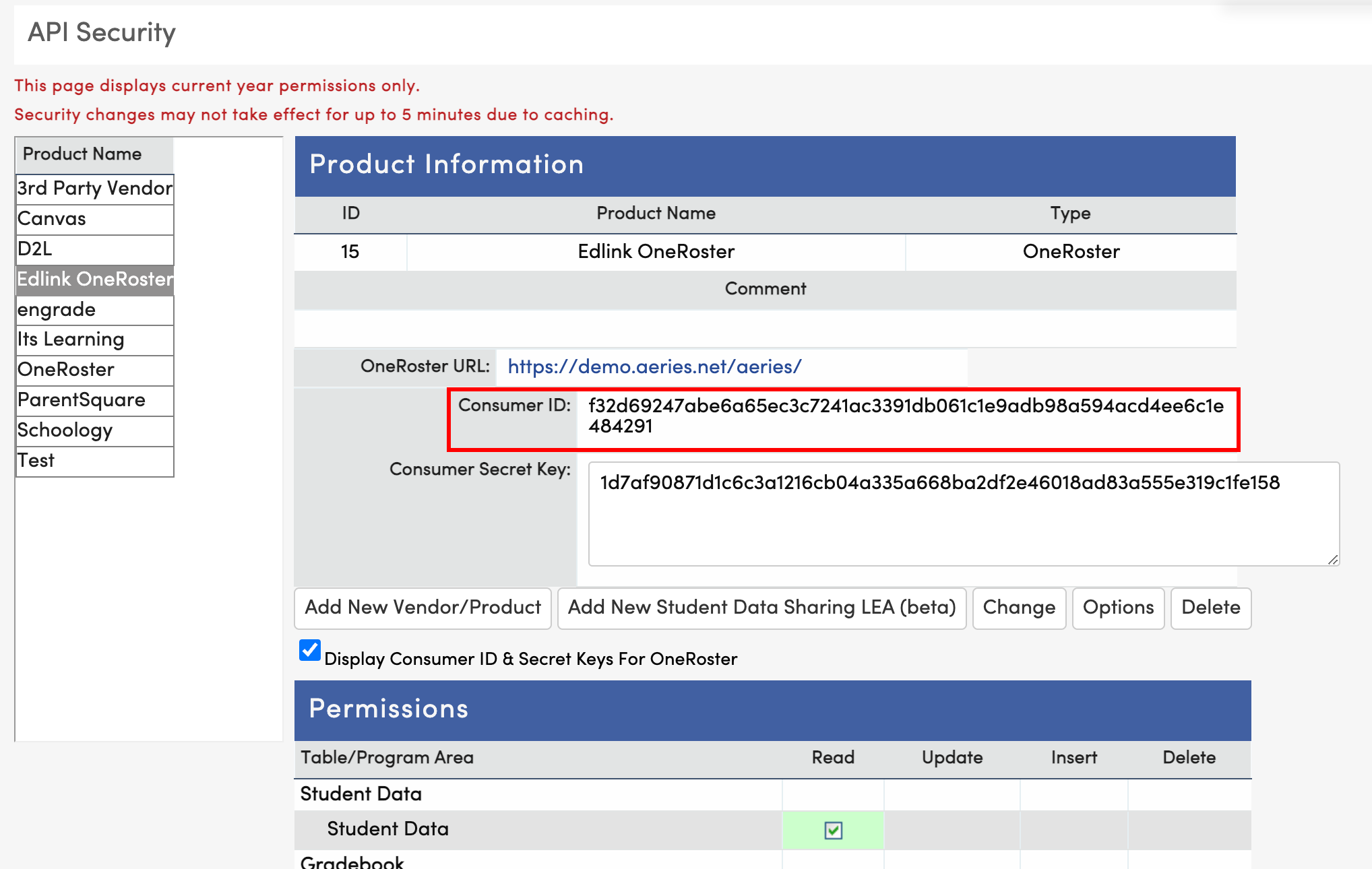 ConsumerID highlighted on the product information page in Aeries