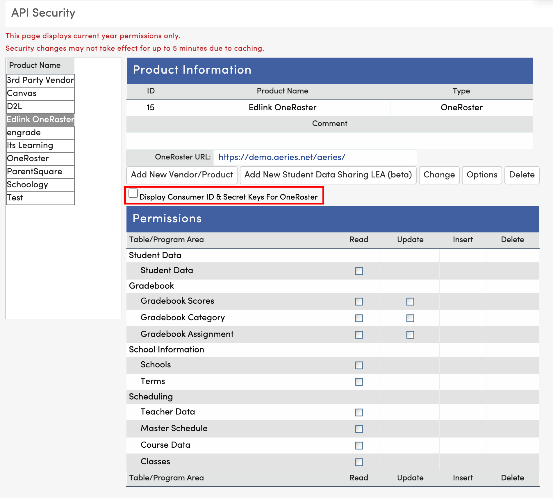 Button to display ConsumerID and Secret for OneRoster keys