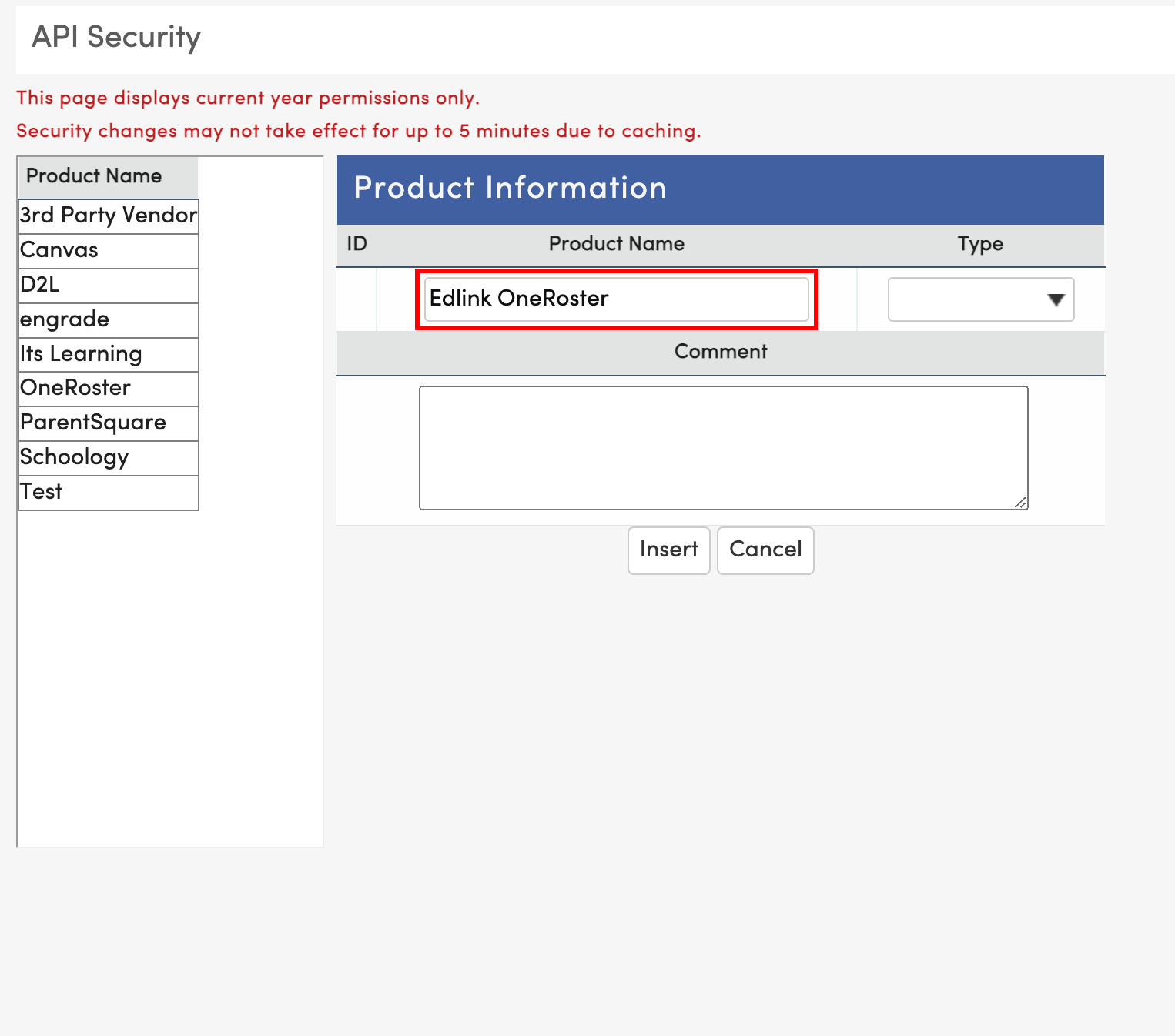Edlink OneRoster product name entered in product information page