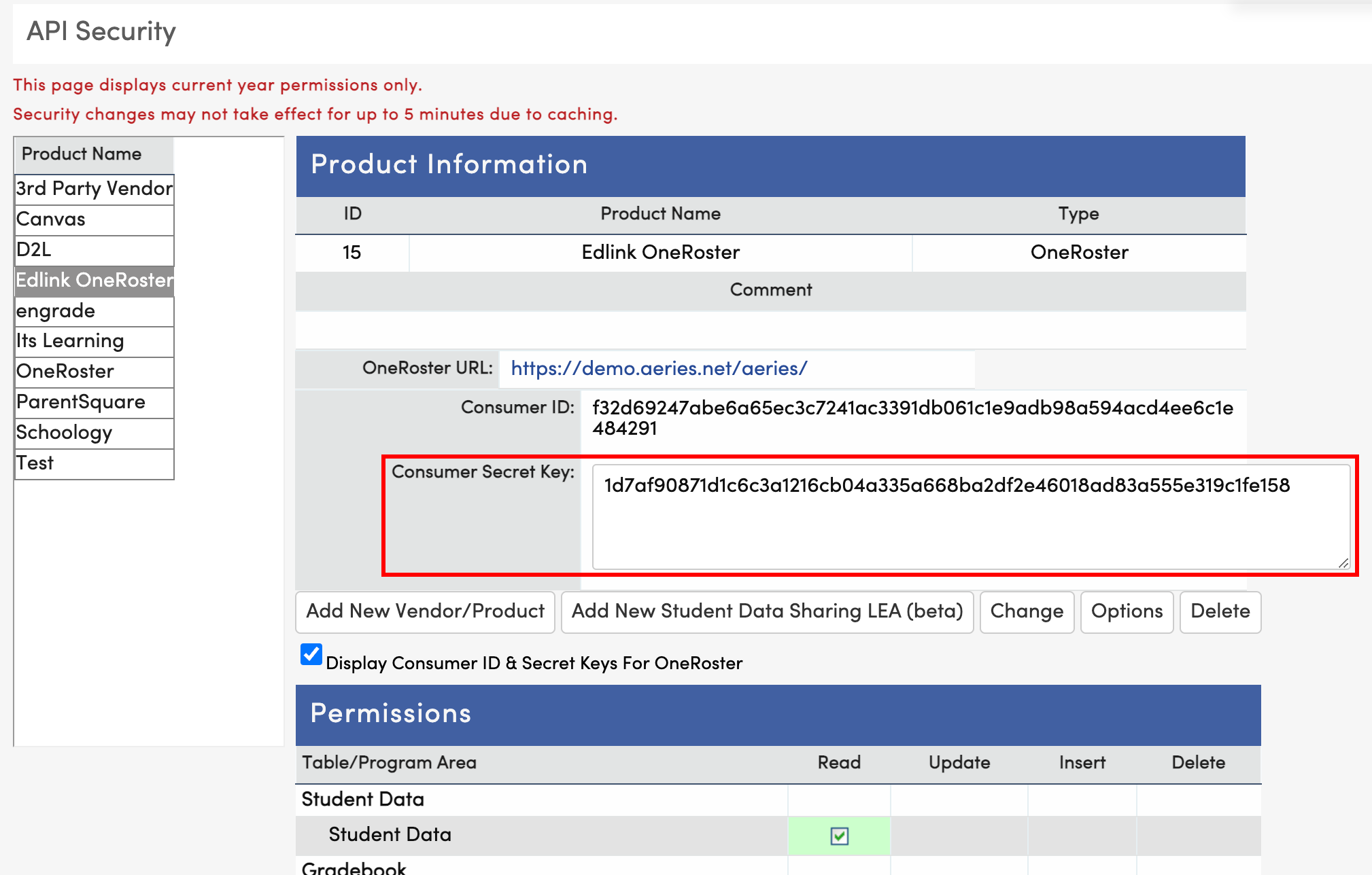 Secret highlighted on the product information page in Aeries