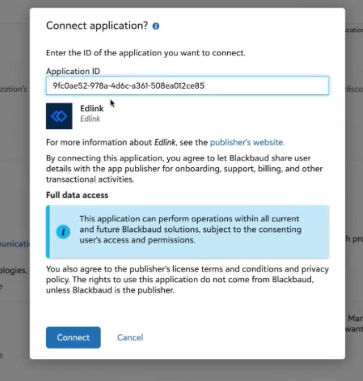 Page that asks to connect Edlink app to Blackbaud