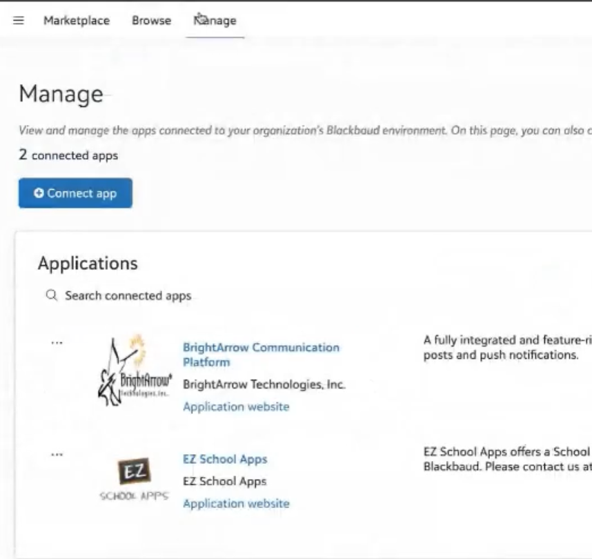 Blackbaud Connect App button in Manage section.