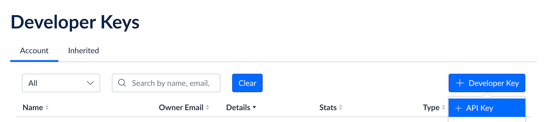 Canvas Developer Keys Page