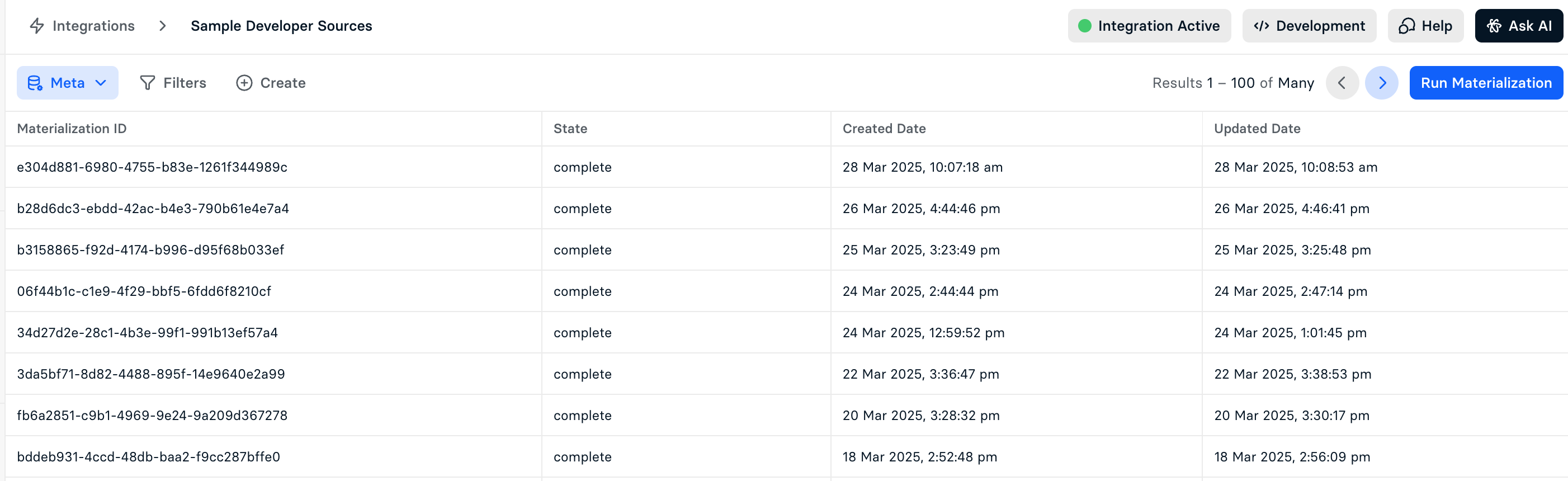 Materializations tab in Edlink