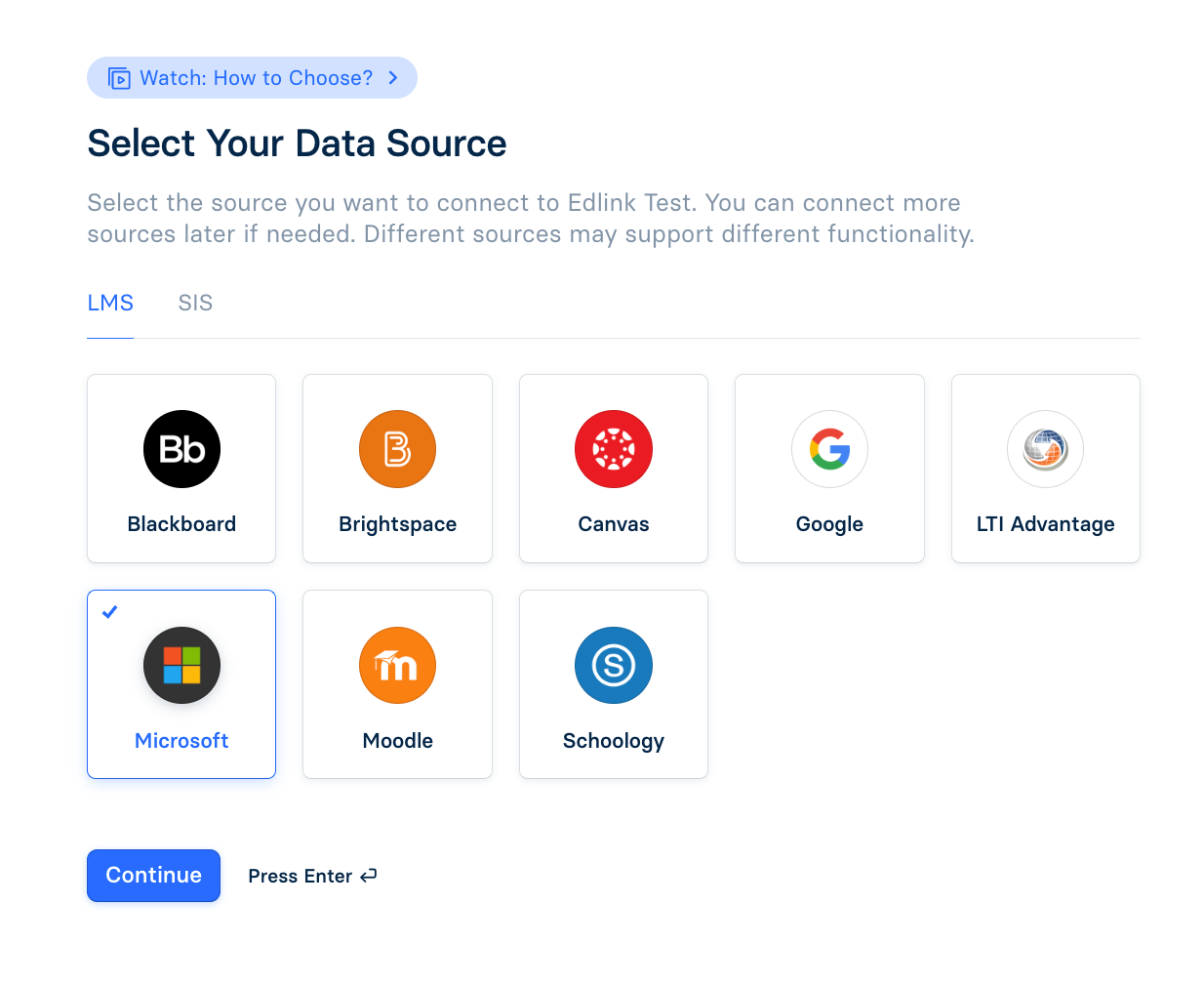 Microsoft Integration Selection Screen