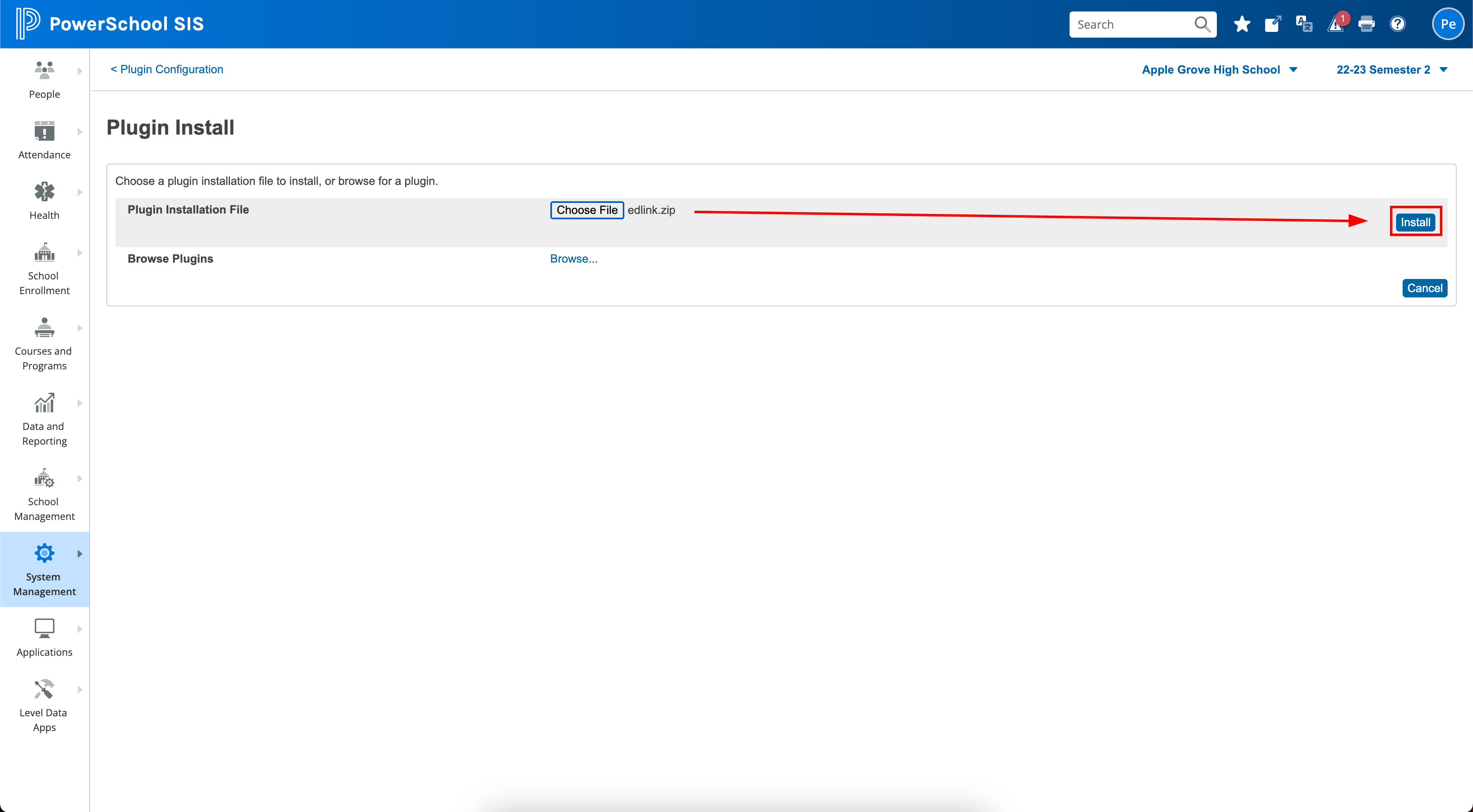 Install Plugin button in Powerschool
