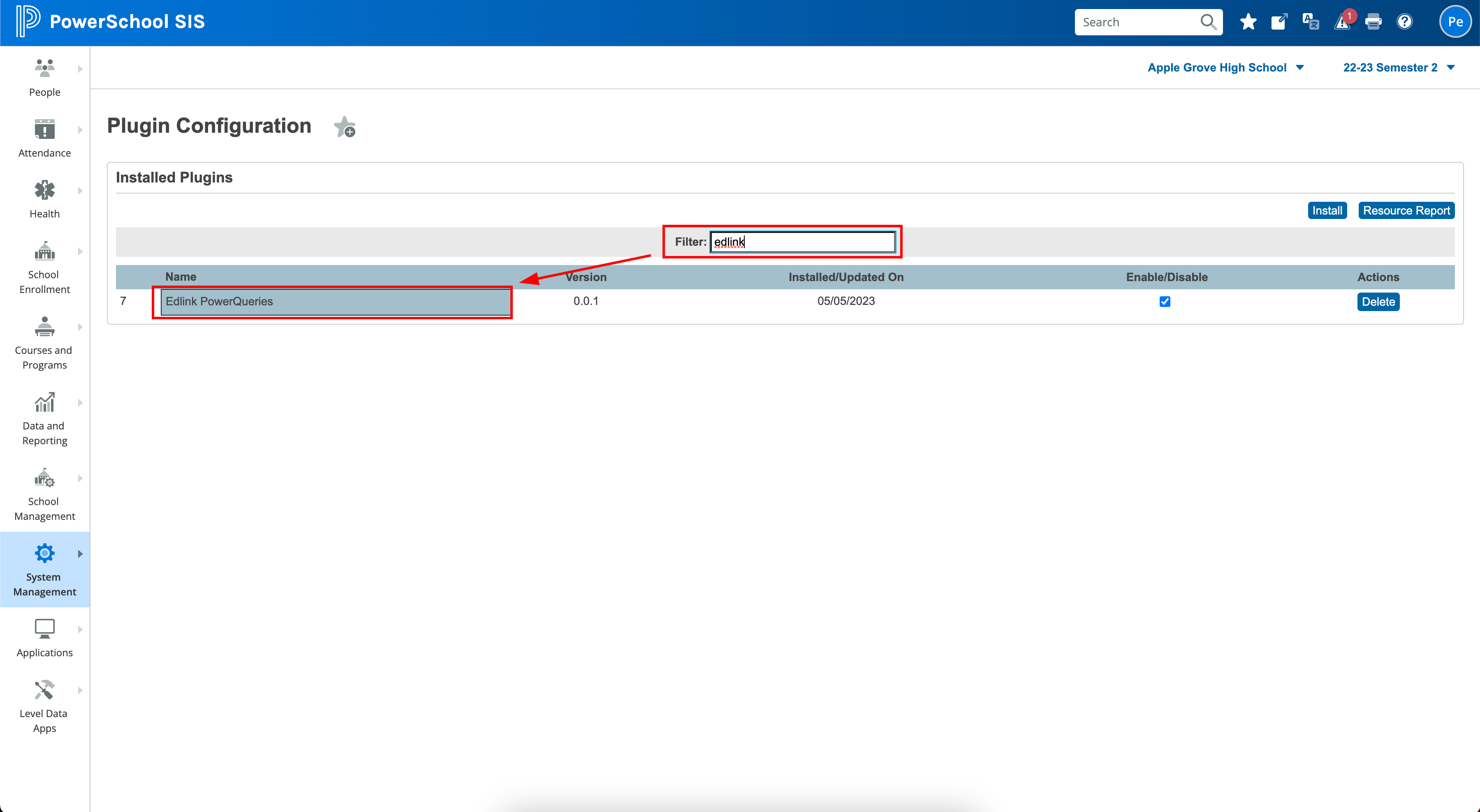 Locating the Edlink plugin the Plugin Configuration Page