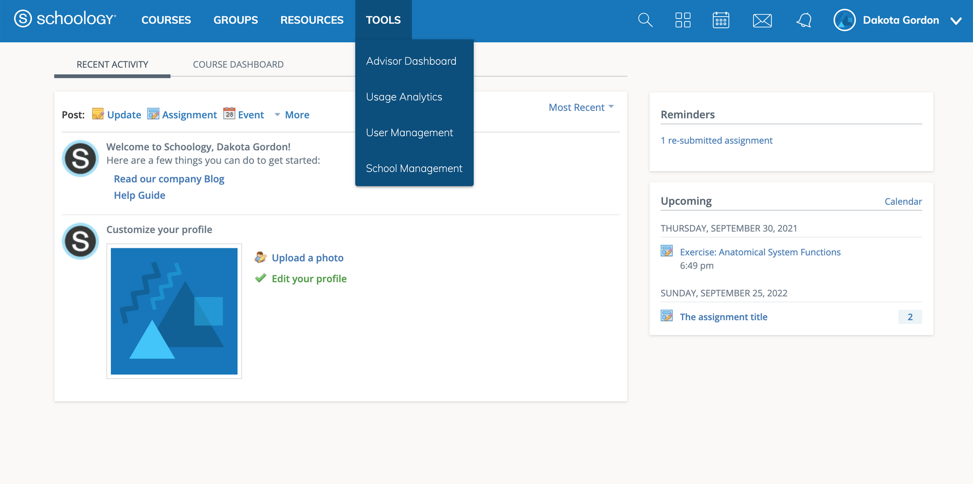 Example of a Schoology Admin account