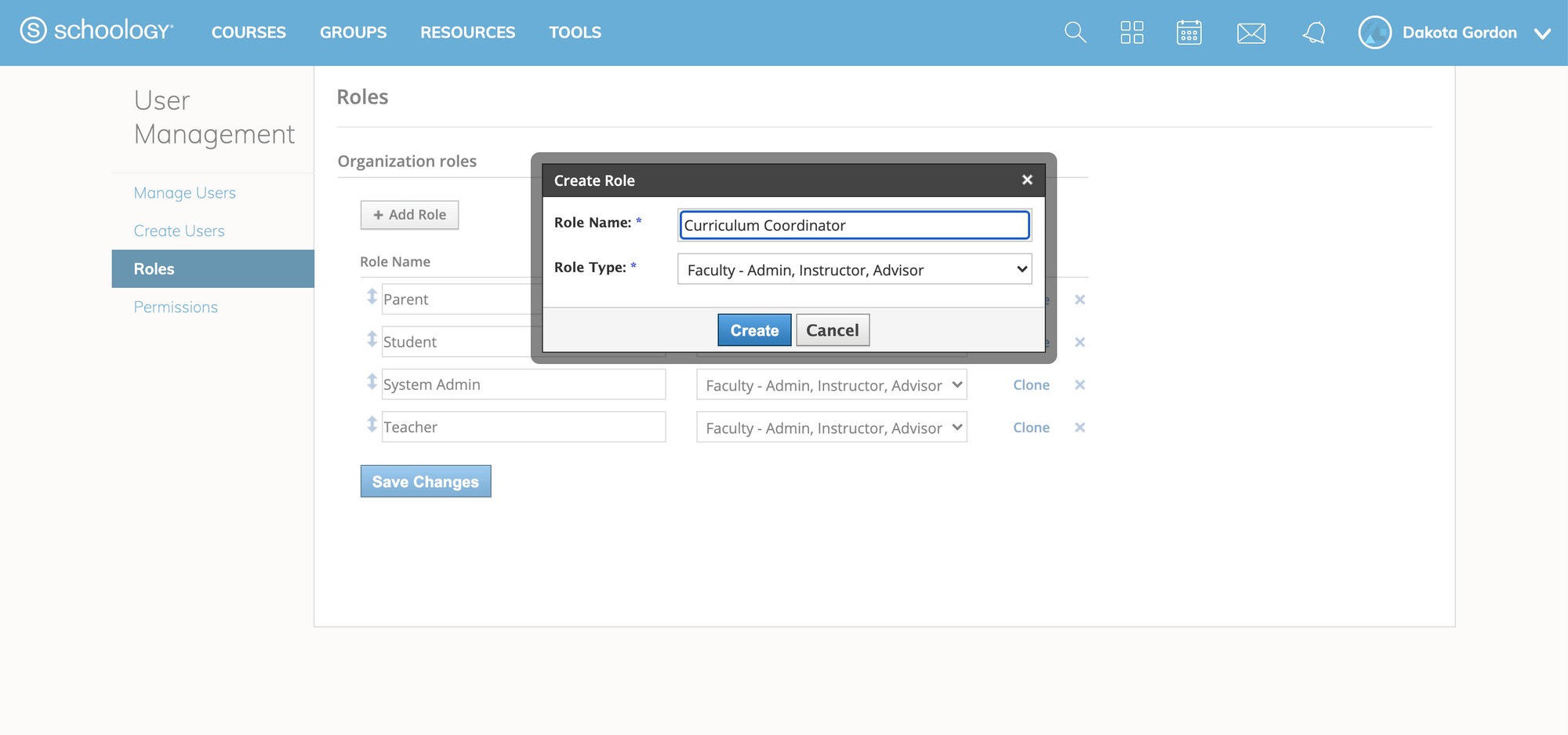 An example of a Schoology admin creating a custom role called 'Curriculum Coordinator'