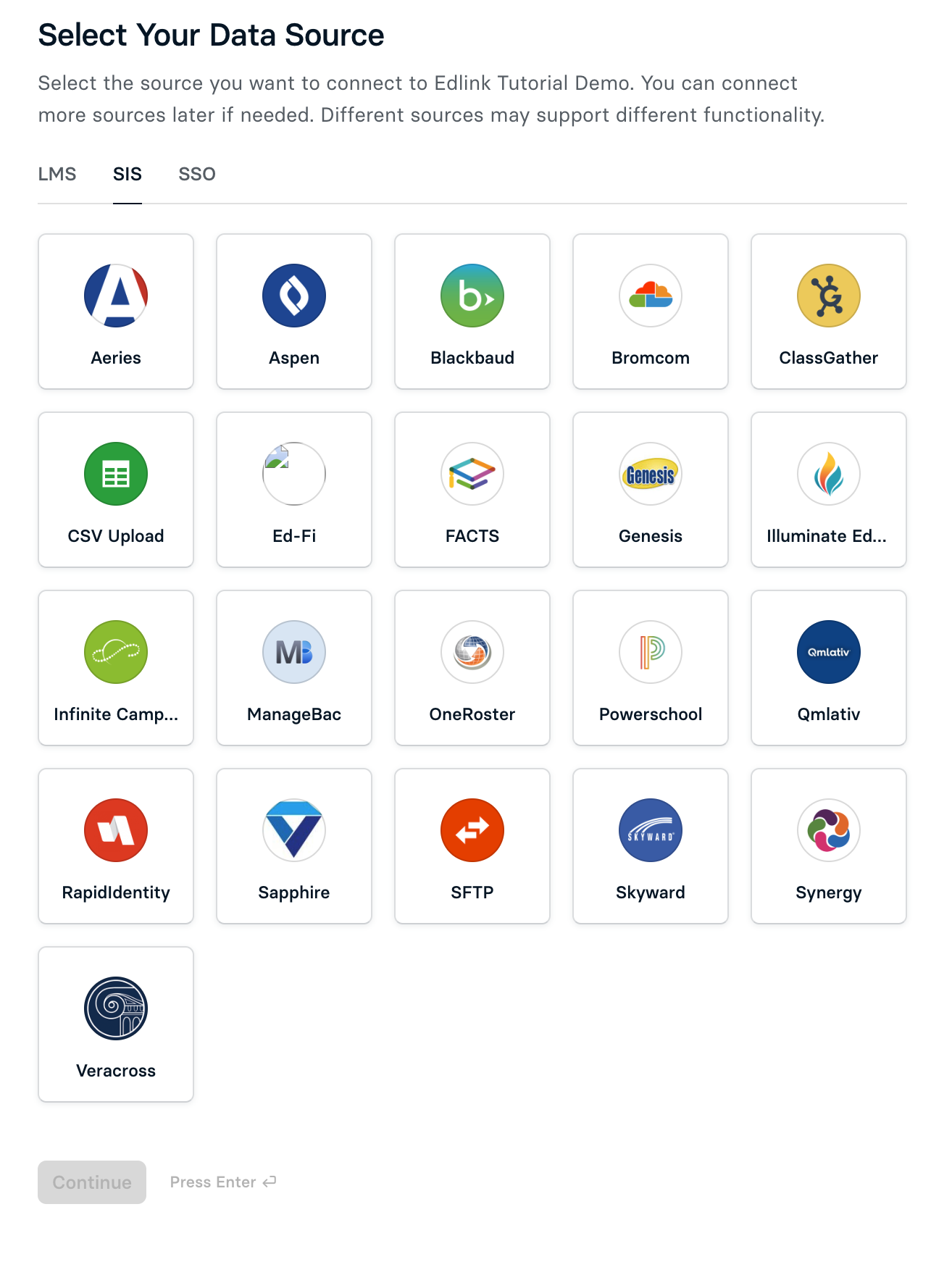 List of available SIS data sources in Edlink Integration