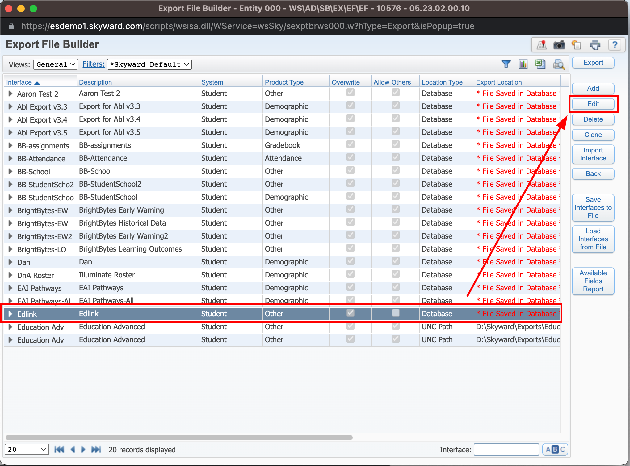 Skyward Edit Export File Builder Page