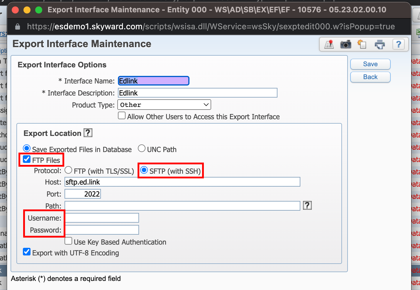 Skyward Export Interface Maintenance page.