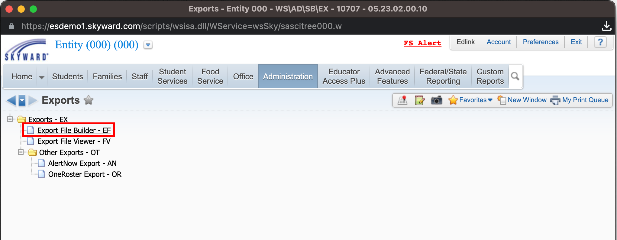 Skyward SkyPort Exports Page