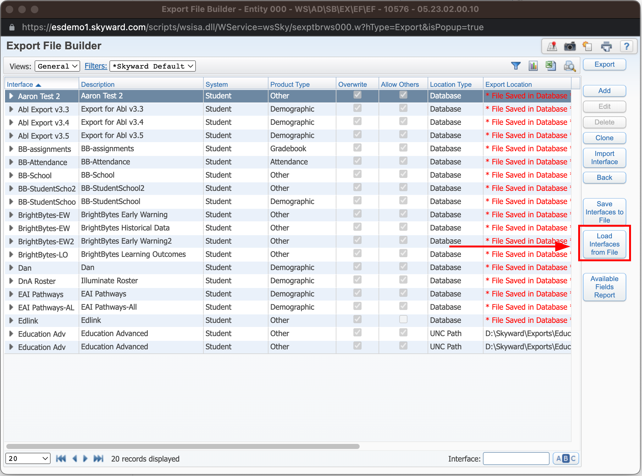 Skyward Load Interfaces From File Button