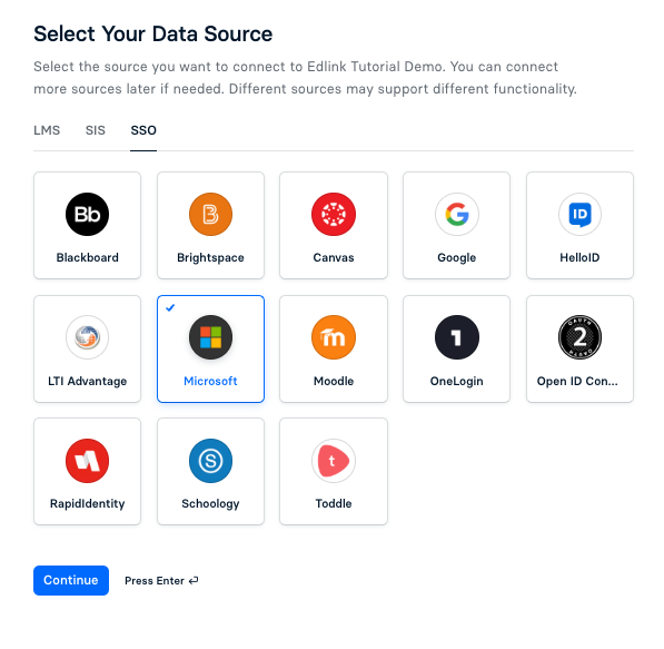 Microsoft Integration Selection Screen