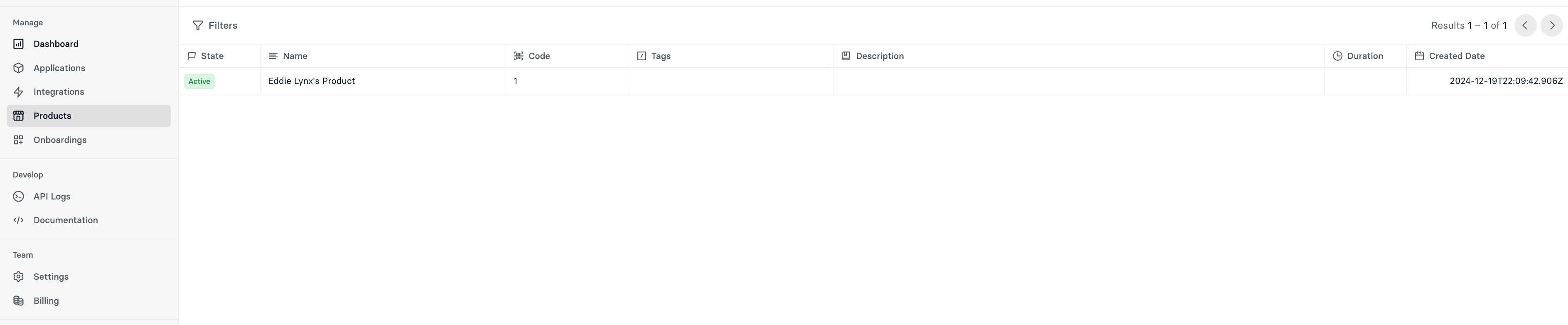 Products tab in Edlink dashboard