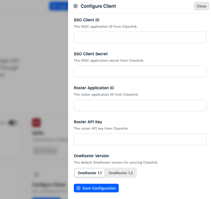 ClassLink settings page in the Edlink dashboard