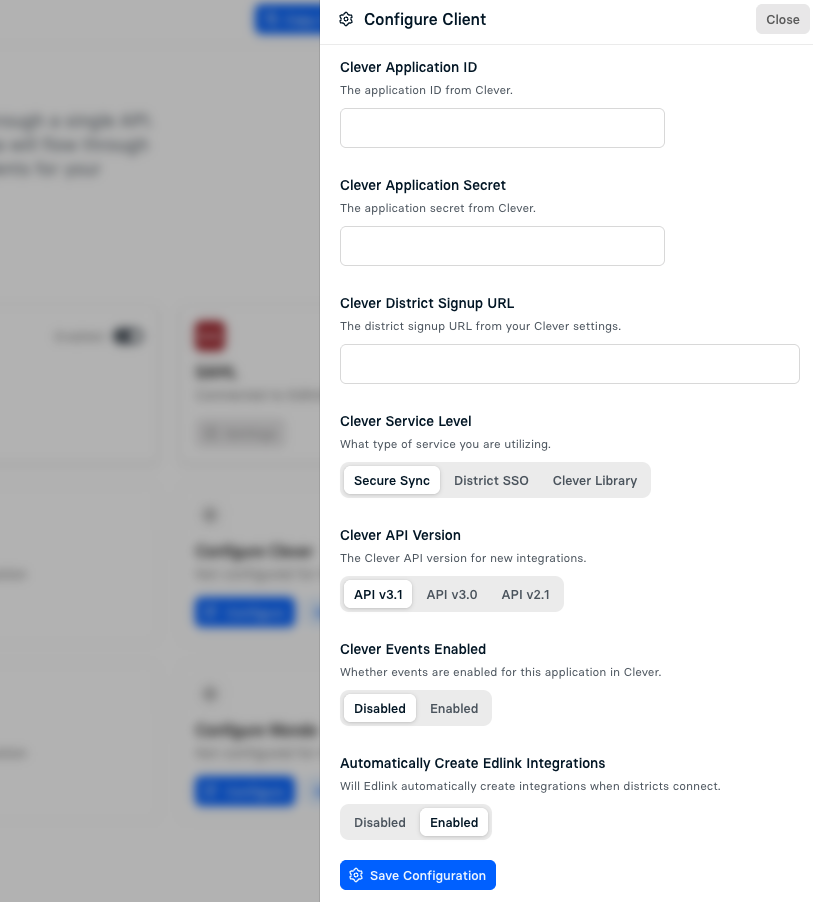 Clever settings page in Edlink dashboard