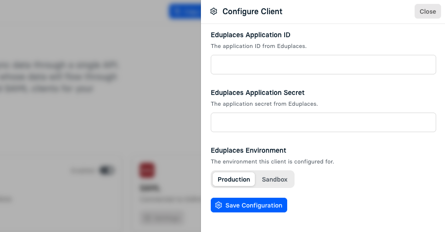 Eduplaces settings page in Edlink dashboard