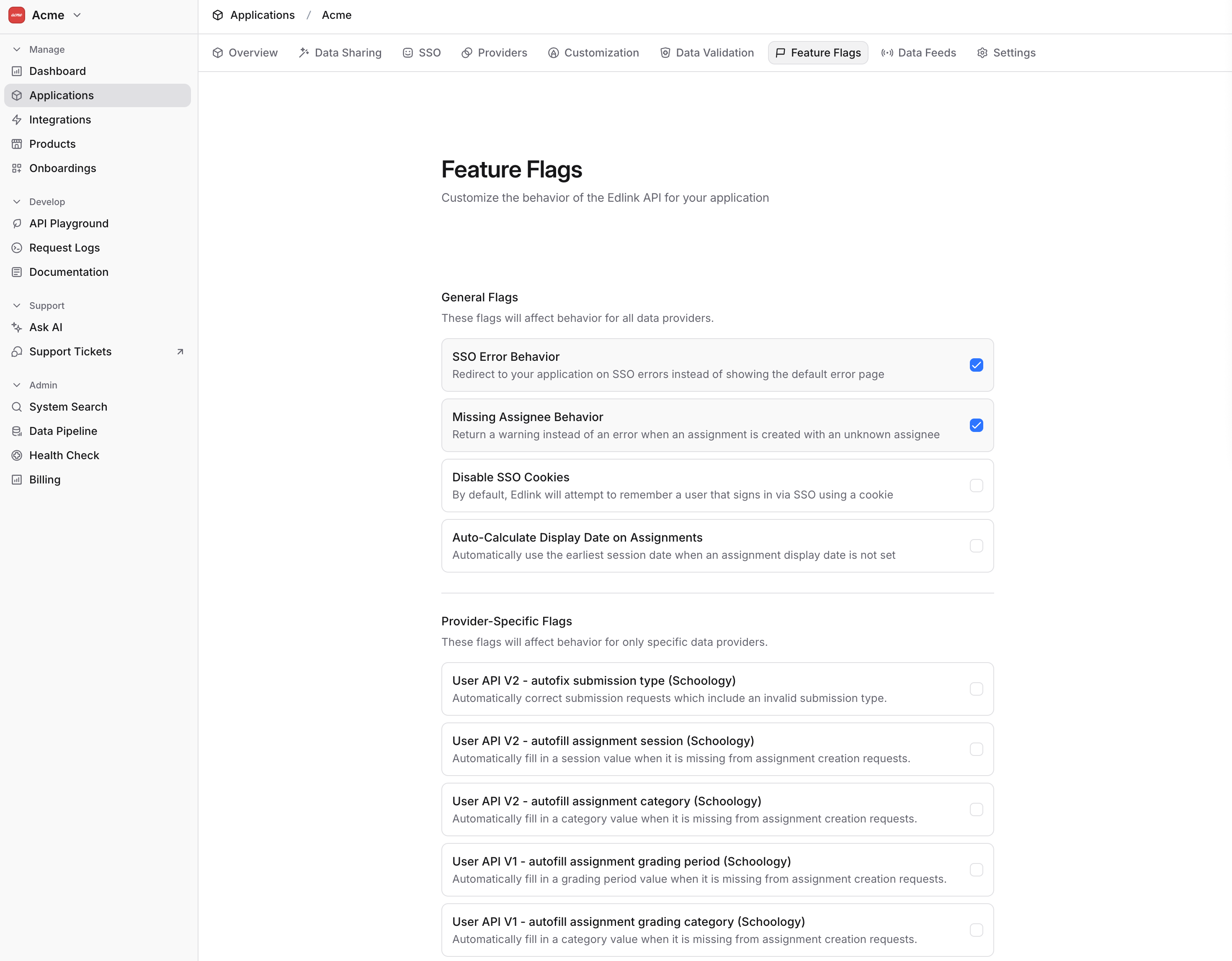 Feature Flags page in Edlink dashboard