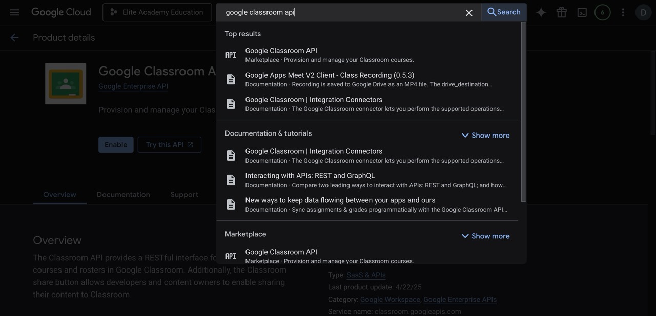 Search for Classroom API