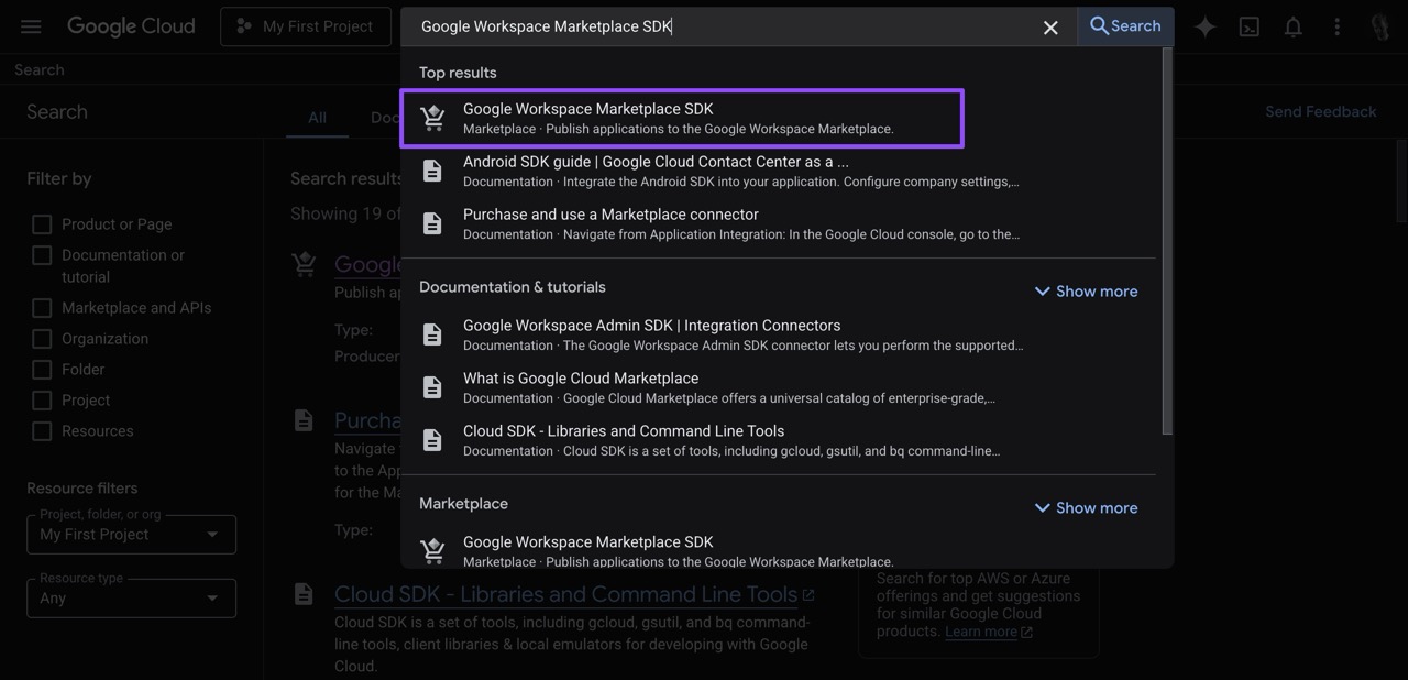 Search for Marketplace SDK