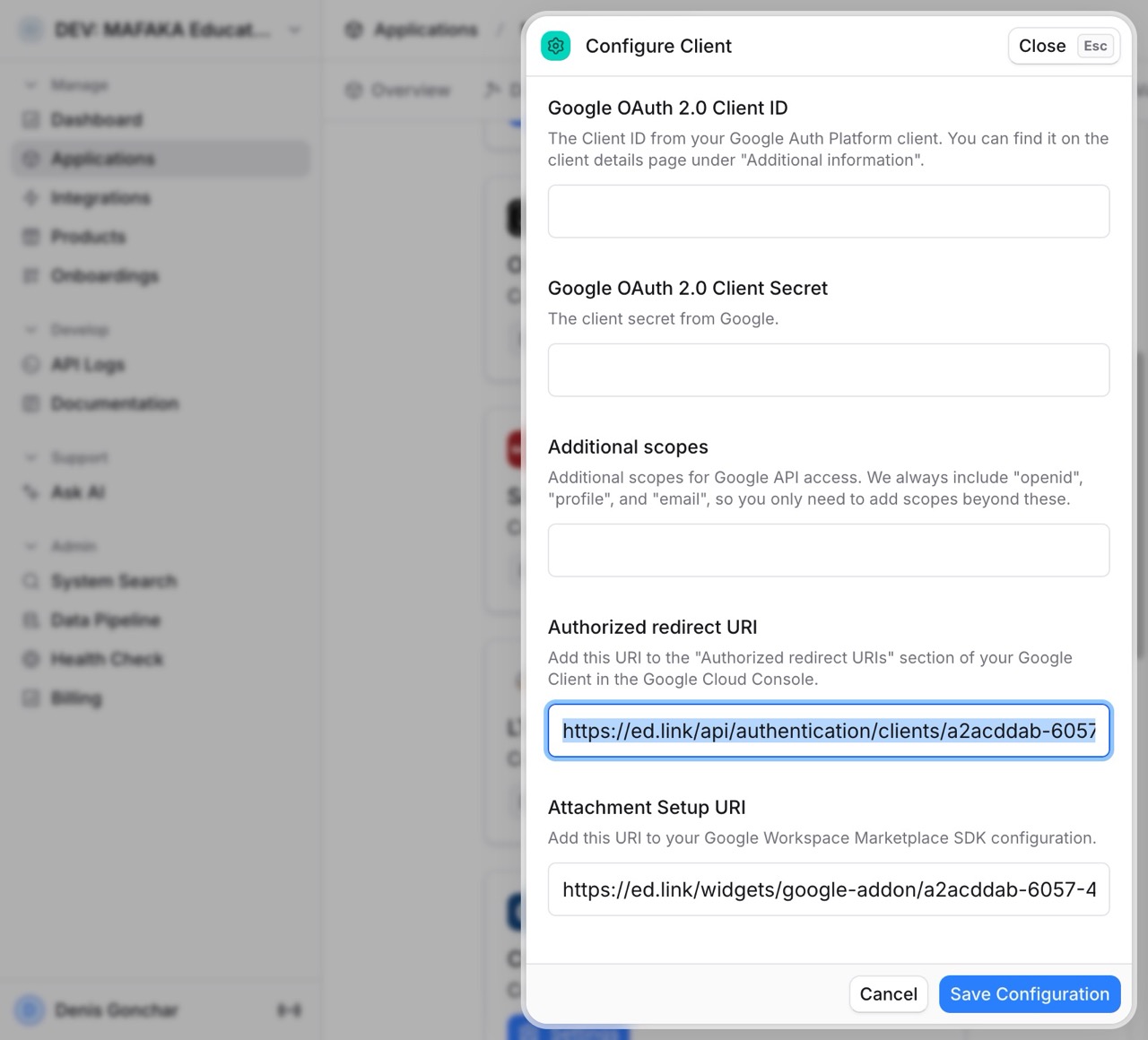 Edlink Copy Redirect URI