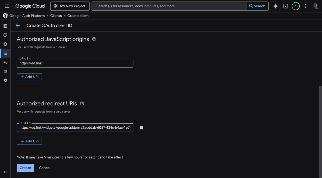 Google Cloud Paste URI and Create