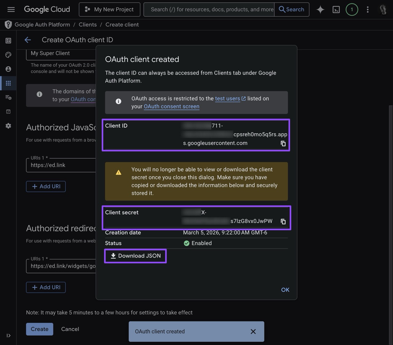 Google Cloud Copy ID and Secret