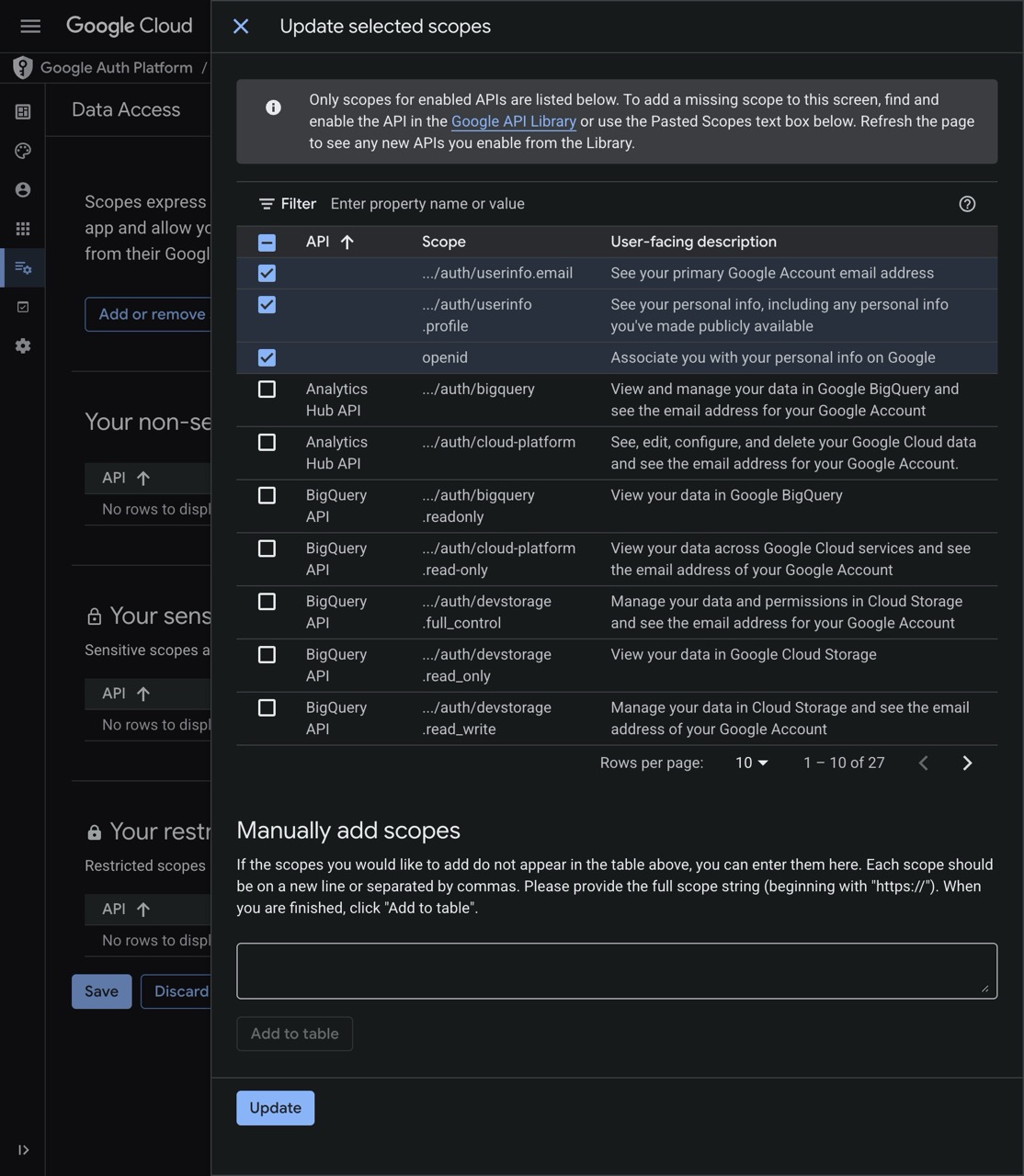 Google Select Basic Scopes