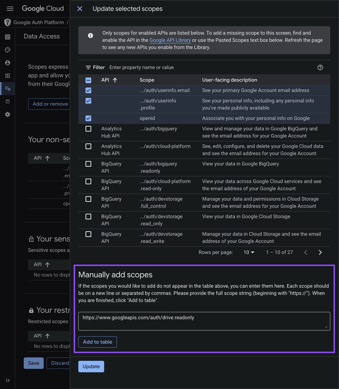 Google Manually Add Scopes