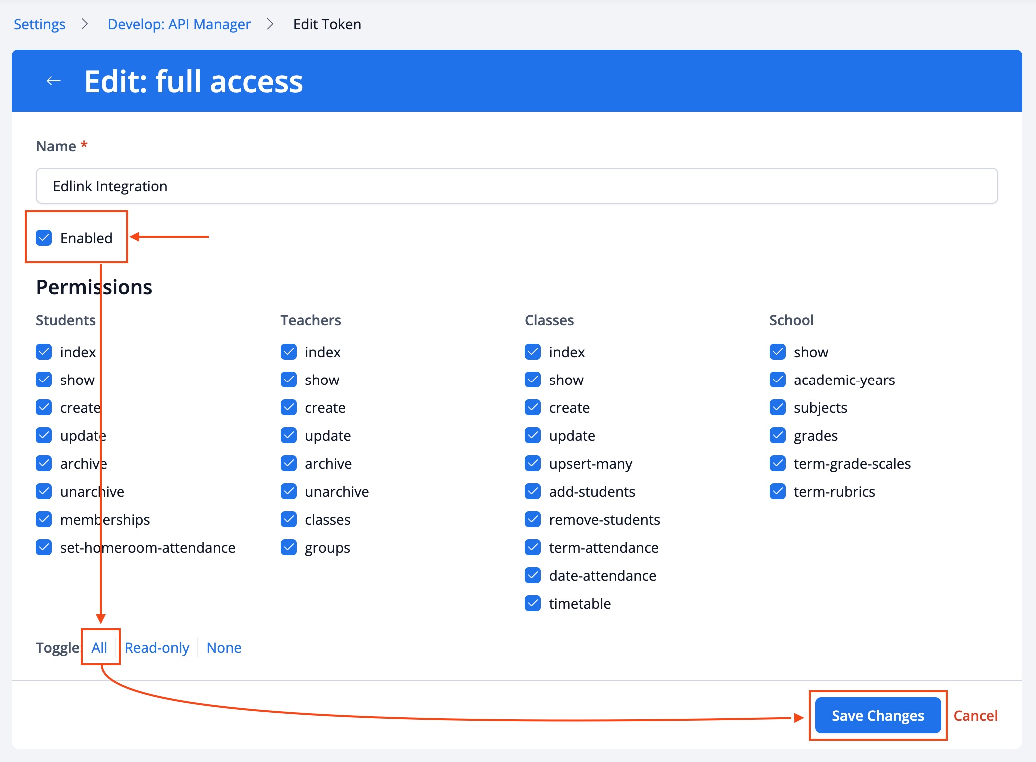 ManageBac API Manager Enable All Permissions
