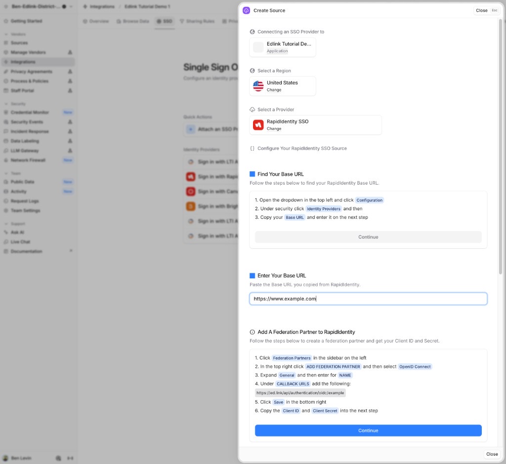 Create Source drawer with RapidIdentity SSO selected