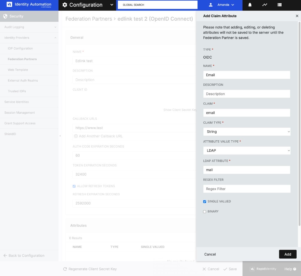 Add Claim Attribute form with Email, email, String, LDAP, and mail