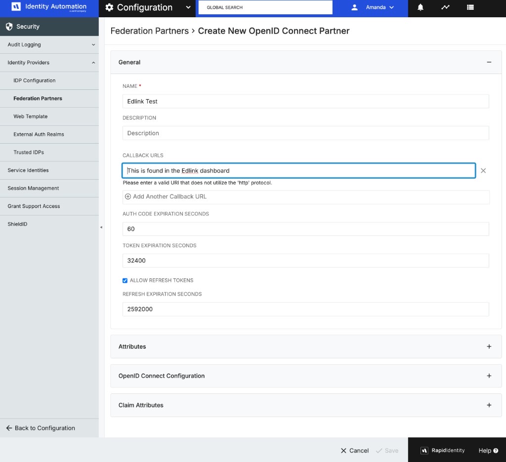 Create New OpenID Connect Partner in RapidIdentity