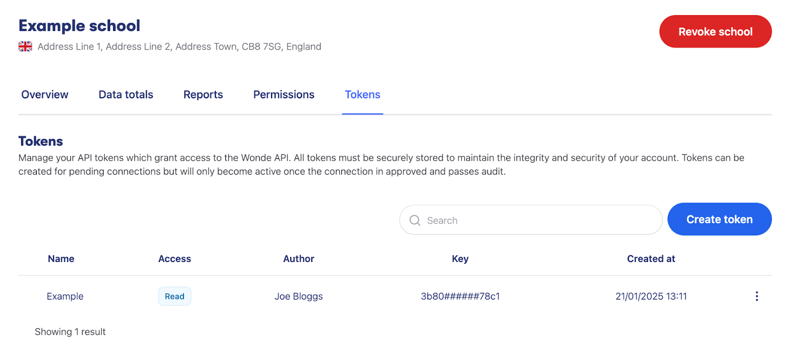 Wonde Tokens page in the Wonde dashboard