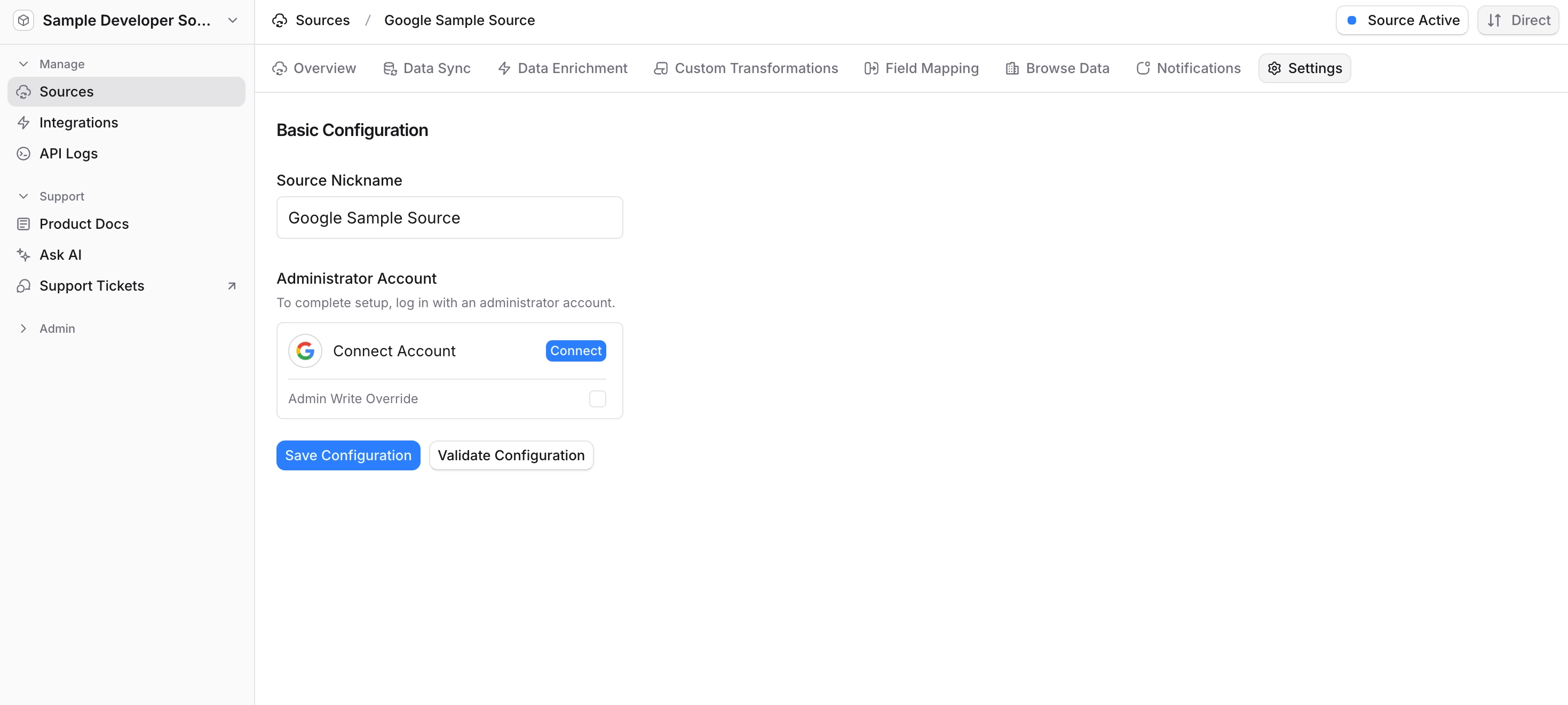 Google source settings page