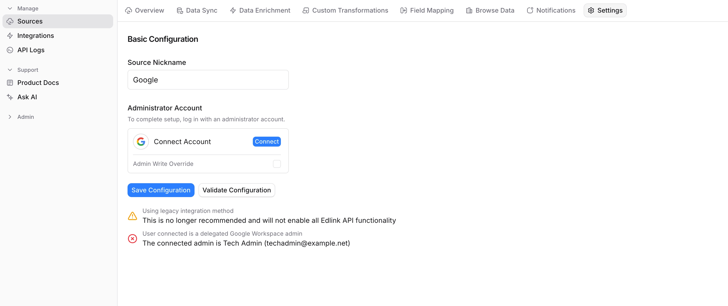 Google source validation warning