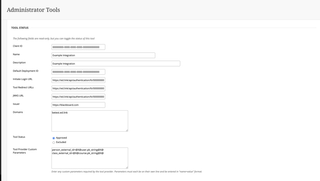 Review the pre-filled LTI tool information