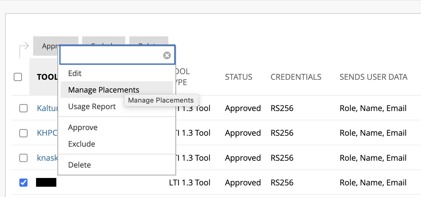 Manage placements for the LTI tool