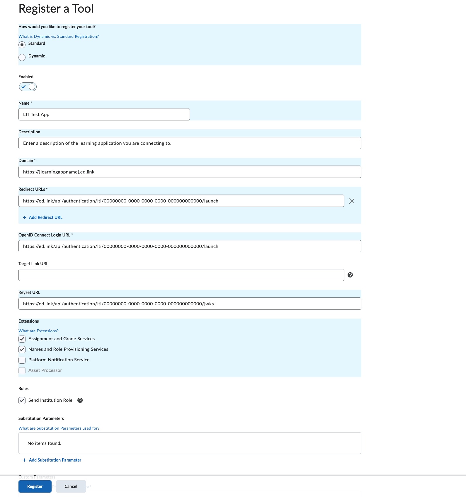 Complete the Brightspace tool registration form