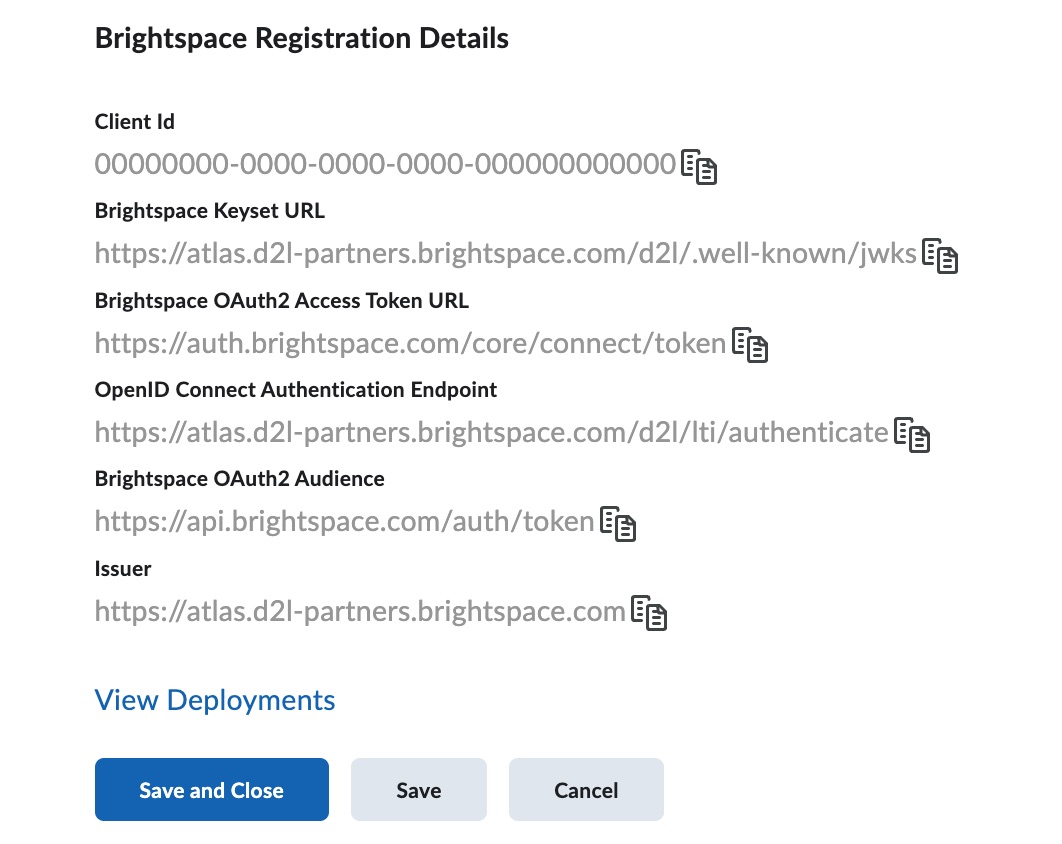 Brightspace Registration Details with Client ID