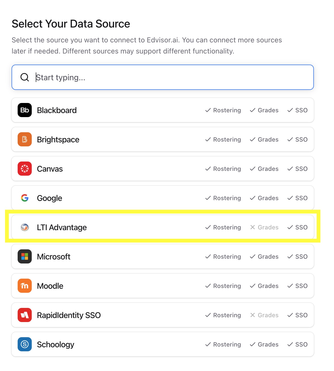 Select LTI Advantage as the data source
