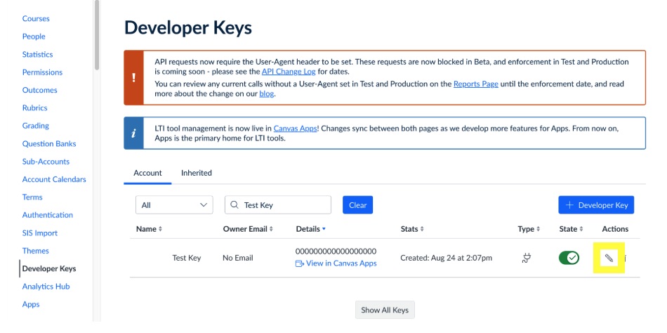 Edit the LTI Developer Key