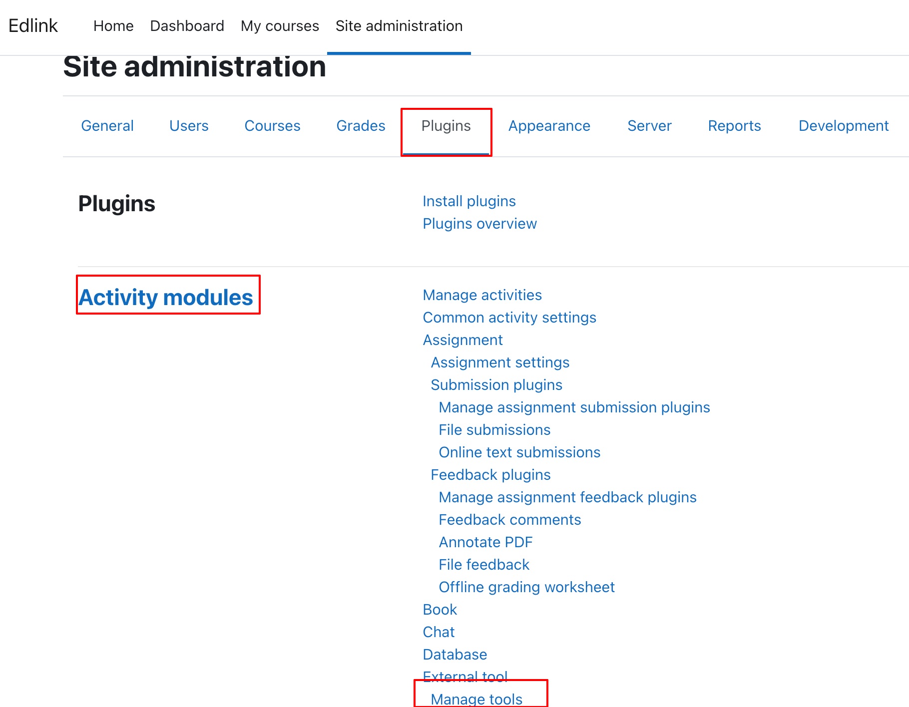 Open Manage Tools in Moodle Site Administration