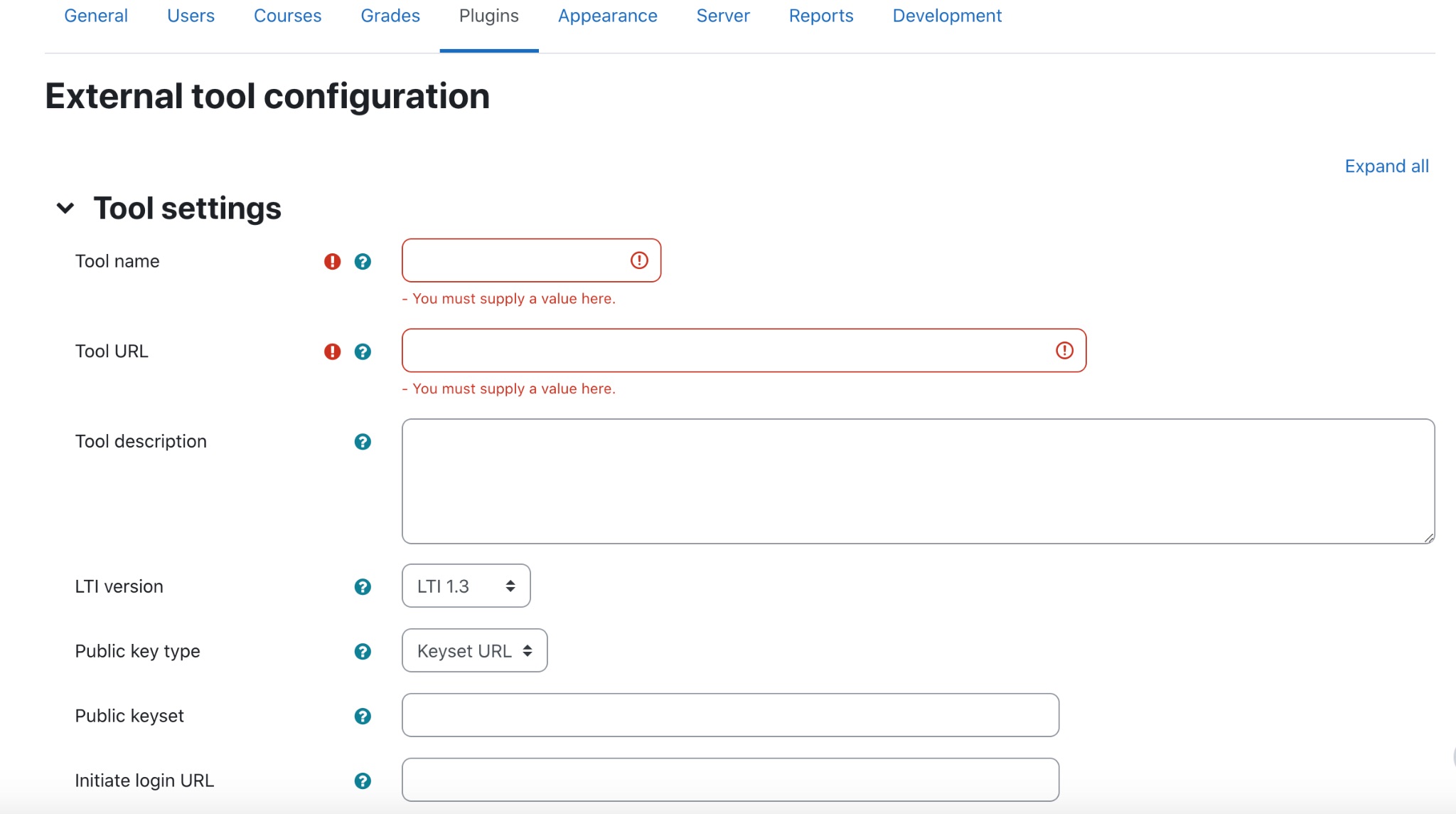 Moodle external tool configuration form